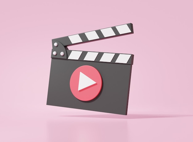 Movie clapper board icon floating on pink background with creative video editing concept cartoon minimal banner copy space website 3d render illustration