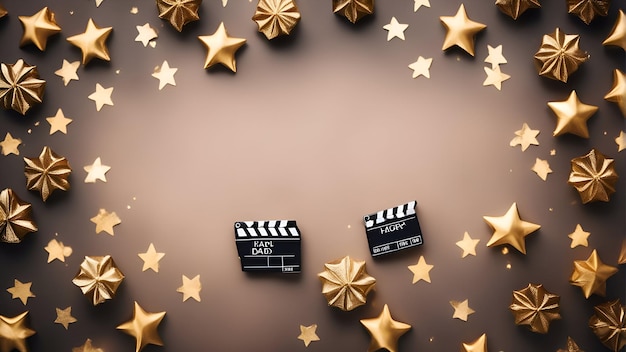 Foto movie clapper board met gouden sterren confetti op bruine achtergrond 3d rendering