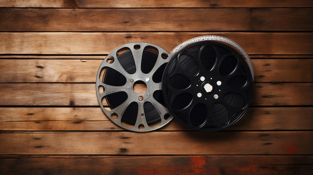 Photo movie clapper and film reel on a wooden background