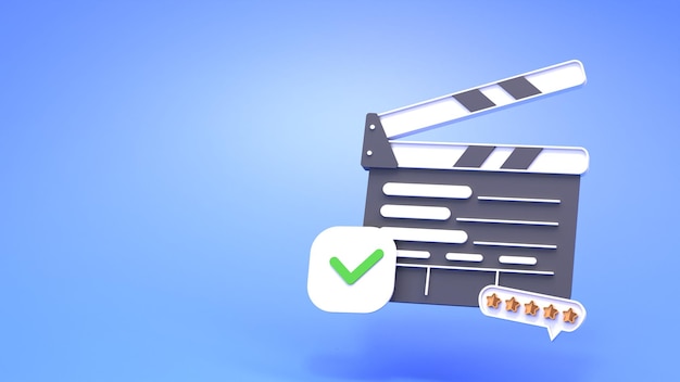 Movie clapperboard with five stars The concept of online views and ratings 3d rendering