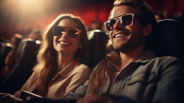 Foto giorno del cinema una giovane coppia felice che guarda un film comico al cinema sorridendo