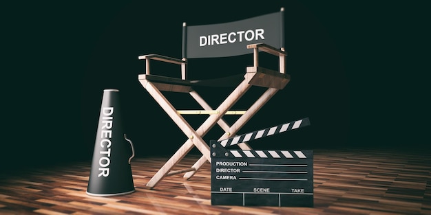 Photo movie director chair and clapper on wooden background 3d illustration