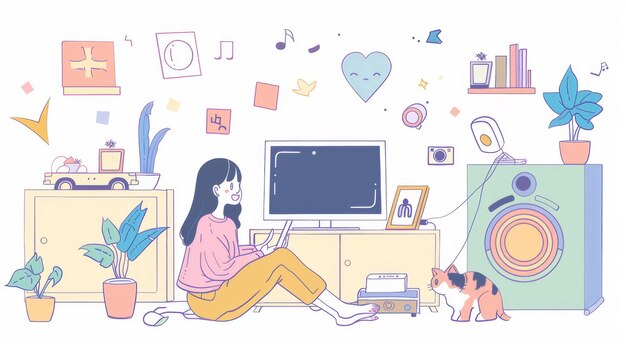 映画ゲーム音楽のオブジェクトは猫と部屋にいる女性の周りに浮かびます手描きのスタイルの近代的なイラスト