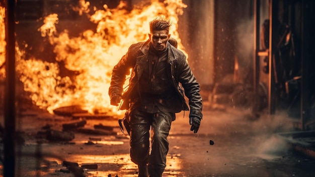 Foto il film parla di un uomo che corre davanti a un edificio in fiamme.