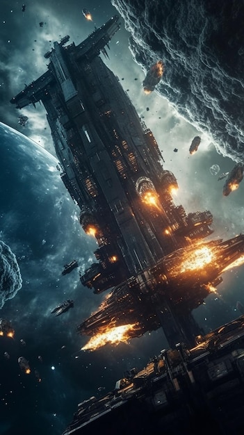 Cinematic Still, intense space battle between two massive battleships,  starry sky, nebulae, galaxies, HDR futuristic space battleship destroyers  traveling through an asteroid field, generate ai 24355281 Stock Photo at  Vecteezy