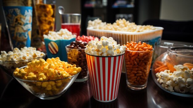Foto maratona cinematografica con popcorn e spuntini