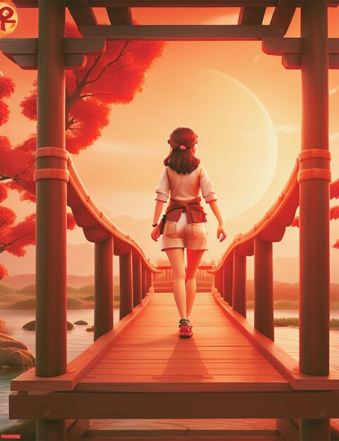 a movie poster of an Asian woman crossing the wood bridge dynamic trompe loeil rising red sun