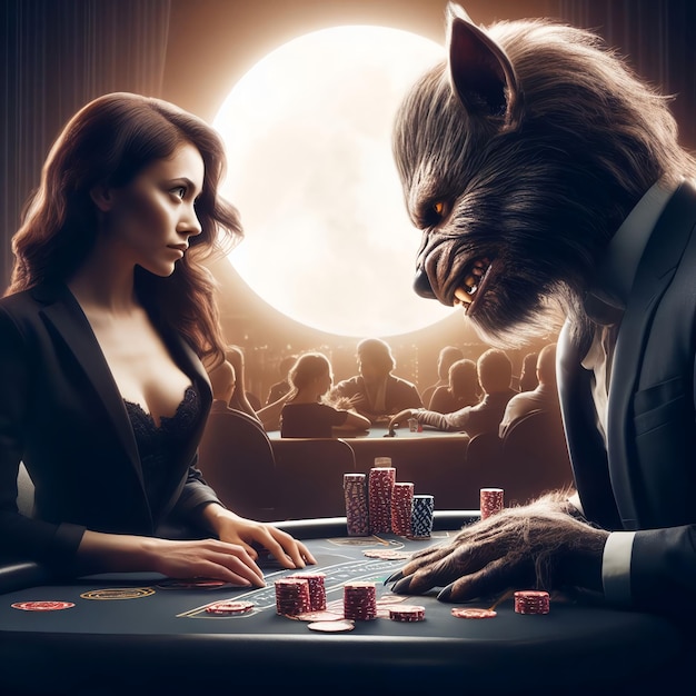 Photo a movie poster of a werewolf playing blackjack against a girl in a casino