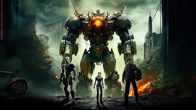 a movie poster with three people and a large robot