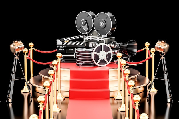 Foto concept di presentazione cinematografica podium con film reel clapperboard e fotocamera rendering 3d