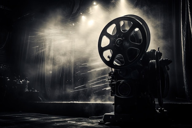 A movie projector sitting on top of a stage
