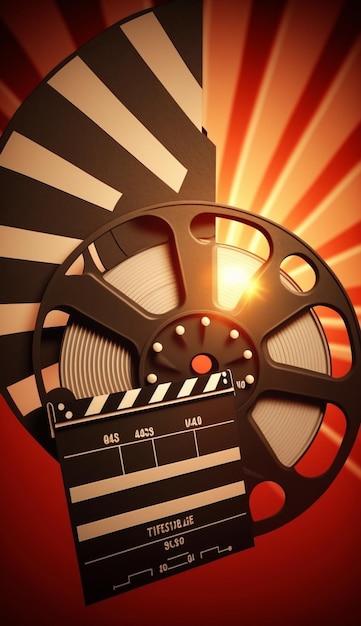 A movie reel with a black and white film strip on it.