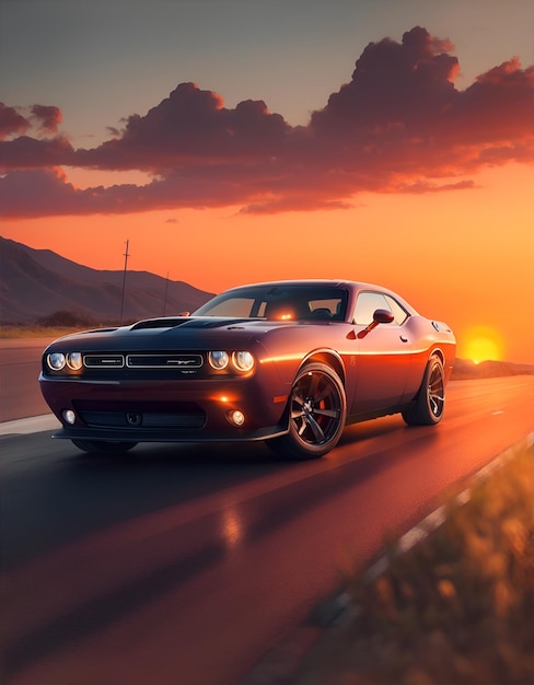 A movie scene of a Dodge car on the road during sunset