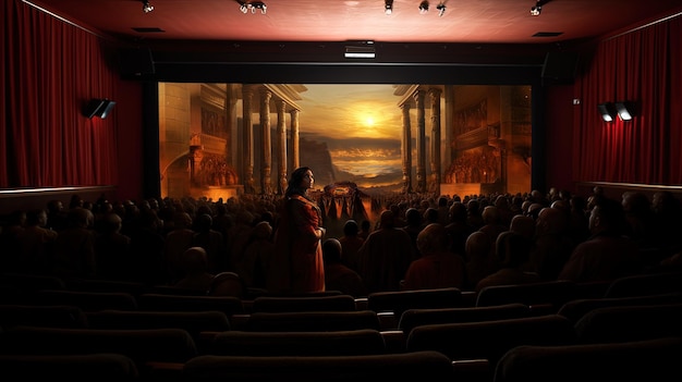 빨간 옷을 입은 남자가 무대 앞에 서있는 영화 장면, 그 위에 오페라라는 단어가 있는 극장의 장면의 그림