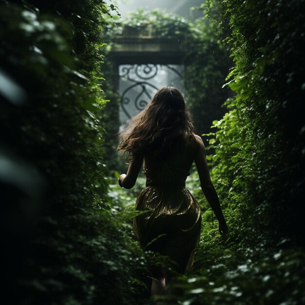 Фото movie still lone woman running under a green hedge soulful melody echoing back view