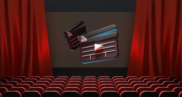 Movie theater cinema hall with clapperboards on screen red curtains and rows of seats Film screening as part of festival cinematography award symbol movie industry icons