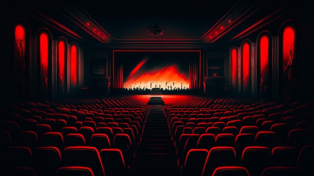 A movie theater hall with red chairs