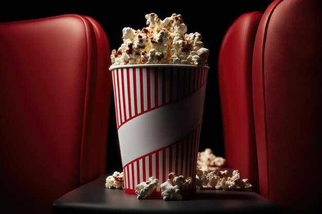 Movie theater popcorn on red seats AI generated