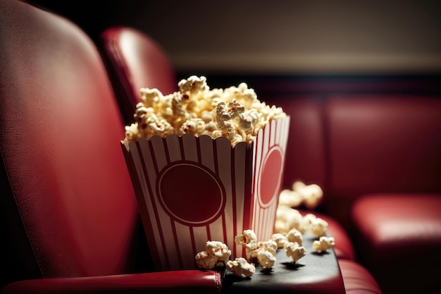 Movie theater popcorn on red seats AI generated