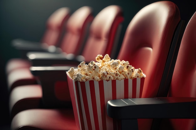 Movie theater popcorn on red seats AI generated