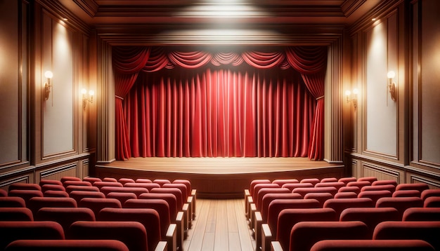 Movie or theater scene with red curtains and seats Generative AI