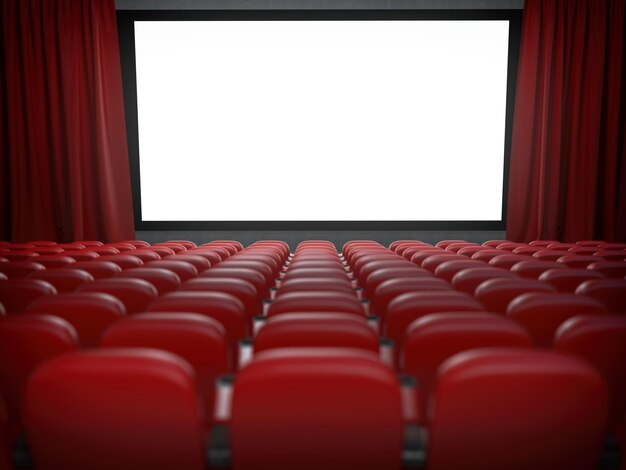 Photo movie theater with cinema blank screen and rows of red seats