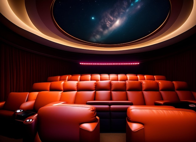 A movie theater with a star - shaped ceiling and a red leather couch with a skylight.