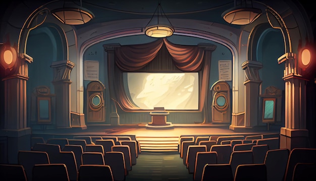 Movie theatre 2D background environment for a mobile game A high quality horizontal background landscape Gaming template design location Generative ai