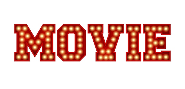 白い3Dレンダリングで分離された赤いヴィンテージ電球のレタリングから作られた映画の単語