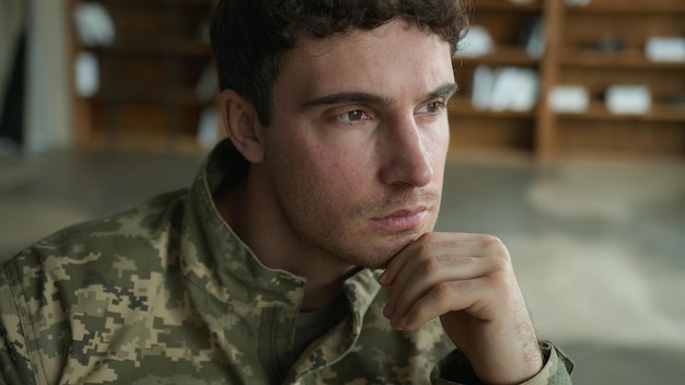 moving blurred shot worried caucasian male officer camouflage uniform man with disability military