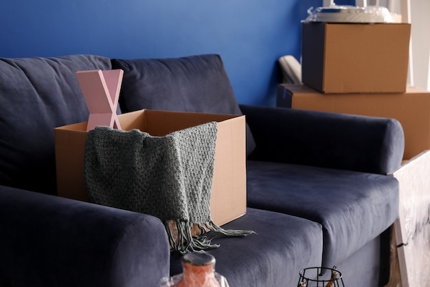 Photo moving box with belongings on sofa in new flat