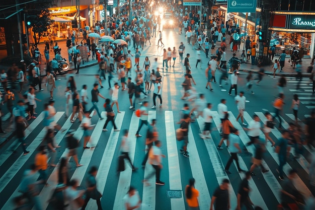 Foto movimento di una folla di pedoni nella città di bangkok sul passaggio pedonale verso la stazione della metropolitana in fretta