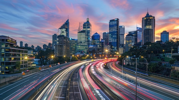 Photo moving car lights on a highway at night with an urban backgroundai generated image