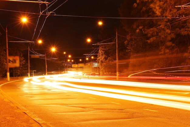 Moving car with blur light through city at night