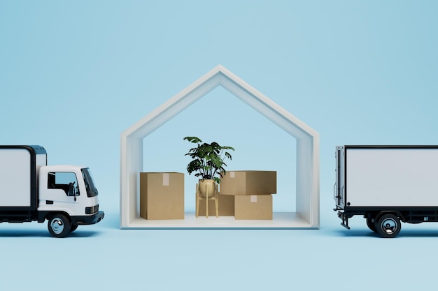 Moving company services when moving the frame of the house with\
boxes inside and trucks