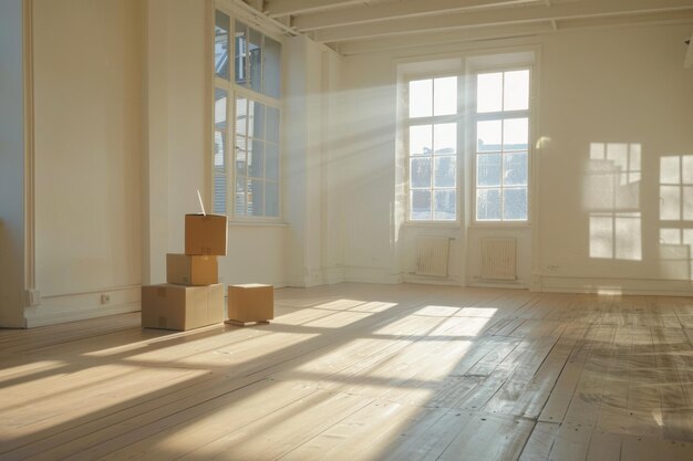 Фото Концепция переезда с пустой светлой комнатой и переезжающими коробками