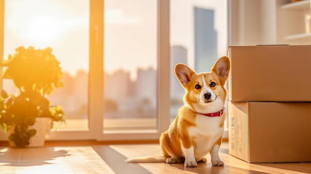 Moving day concept Cute corgi dog with carton boxes stack with household belongings in modern house