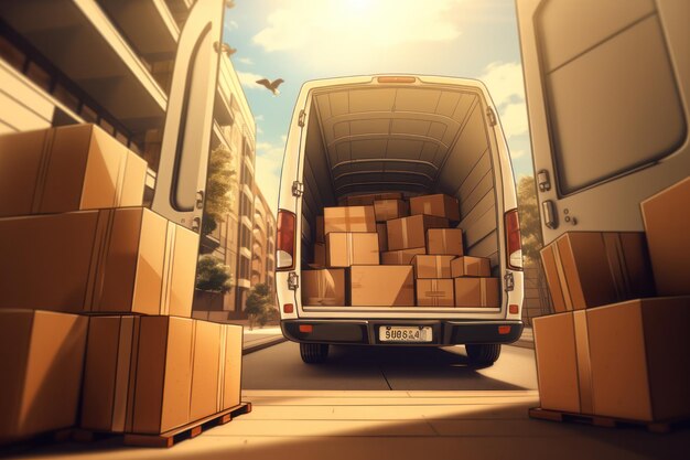 Moving day depicted by an open van brimming with packed cartons