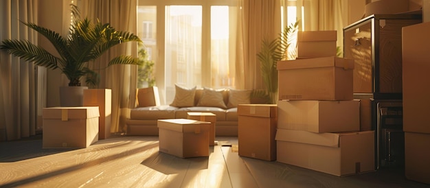 День переезда с упакованными картонными коробками в свежей квартире