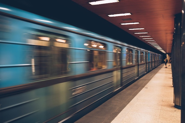 Moving fast metro train in the underground high speed motion sh