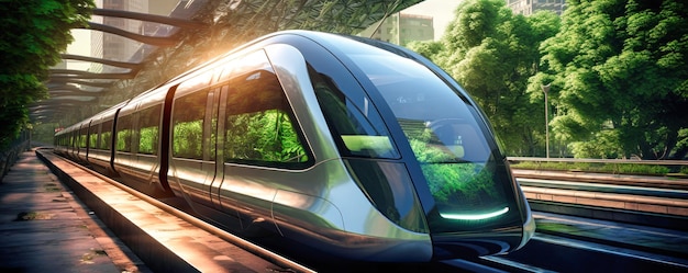 Photo a moving highspeed electric train symbolizes progress and technological achievements ecomotion ushering in a futuristic revolution in green transport