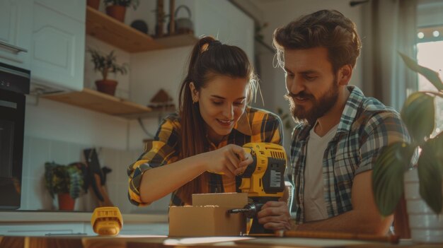 Photo moving into new apartment happy couple assembles furniture piece girls read instructions and boys tighten screws using a drill