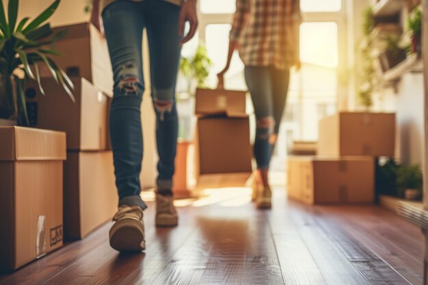 Moving in new house Apartment room with cardboard boxes