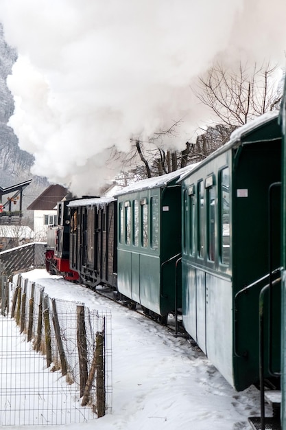 Moving steam train Mocanita from inside it in winter Romania