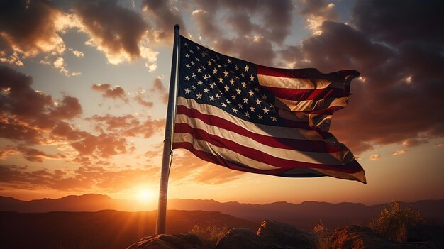 A moving tribute to veterans featuring an American flag waving proudly in the wind against a vibran