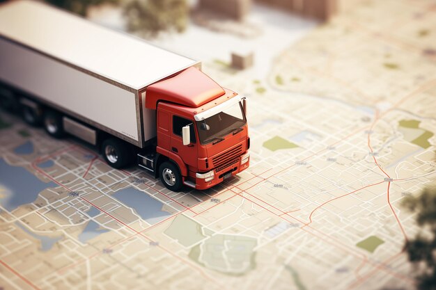 도로 지도에 컨테이너와 함께 트럭을 이동하는 화물 배달 서비스