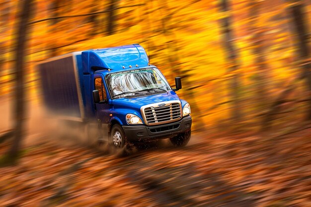 Foto truck in movimento sulla pista della foresta d'autunno