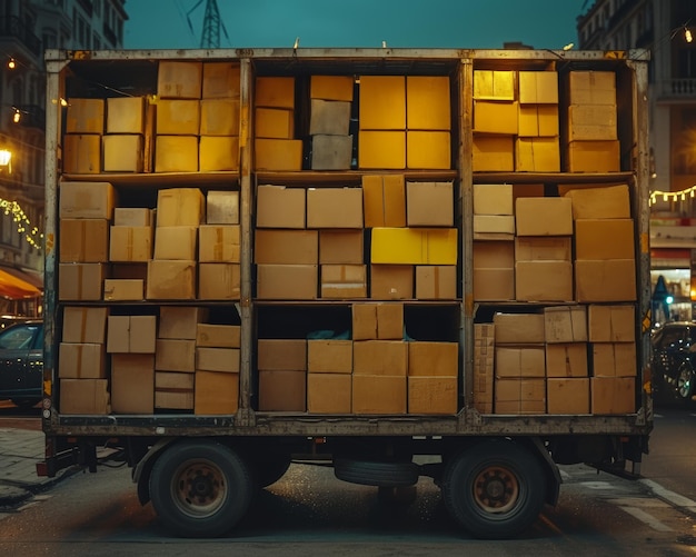 Фото Движущийся грузовик, заполненный сложенными коробками, готовый к переезду в новый дом.