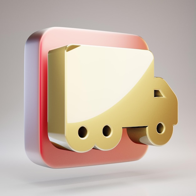 Moving Truck icon. Golden Moving Truck symbol on red matte gold plate. 3D rendered Social Media Icon.