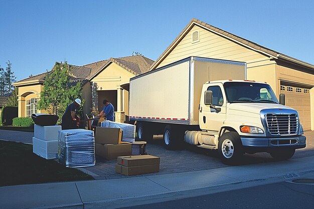 Moving truck parked outside a suburban home with a moving crew assembling furniture